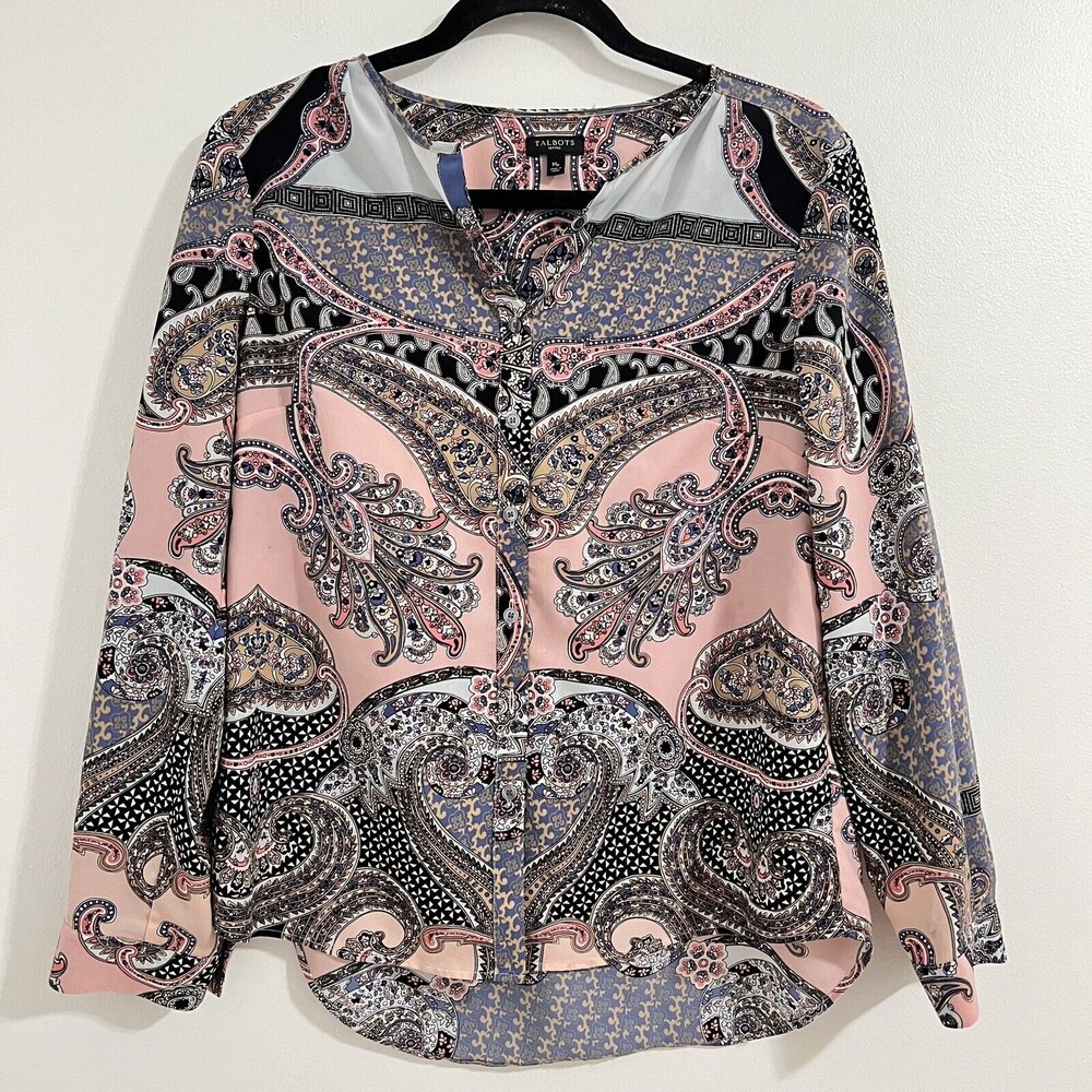 Talbots Petites Pink Scarf Print Blouse Size MP 3/4 Sleeve Light Career Pastel